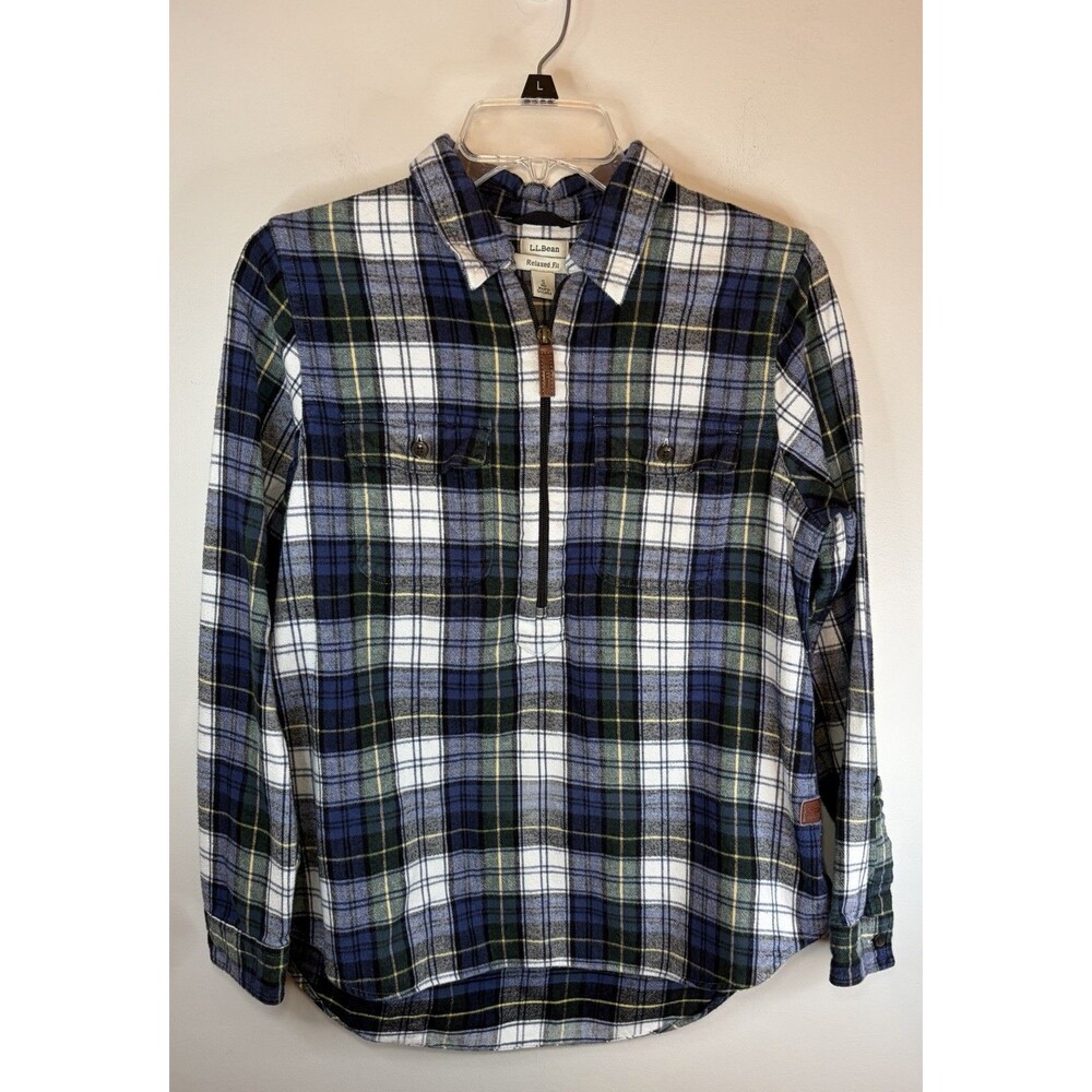 LL BEAN Women Scotch Plaid Flannel 1/4 Zip Shirt Small Pullover Cabin Gorpcore
